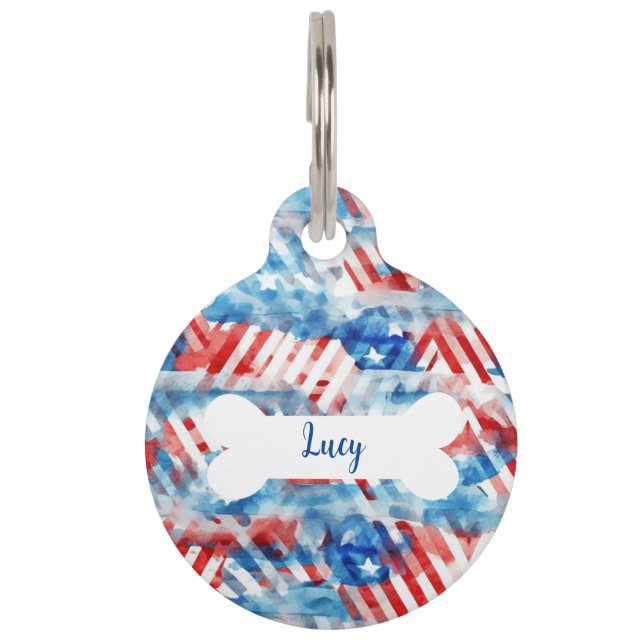 Personalised American Flag Art Round Pet Tag (Front)
