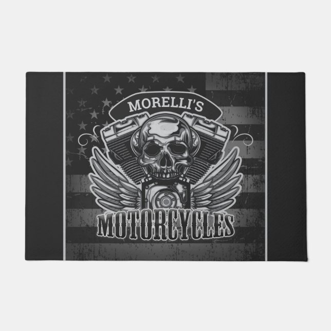 Personalised American Flag Biker Skull Motorcycle Doormat (Front)