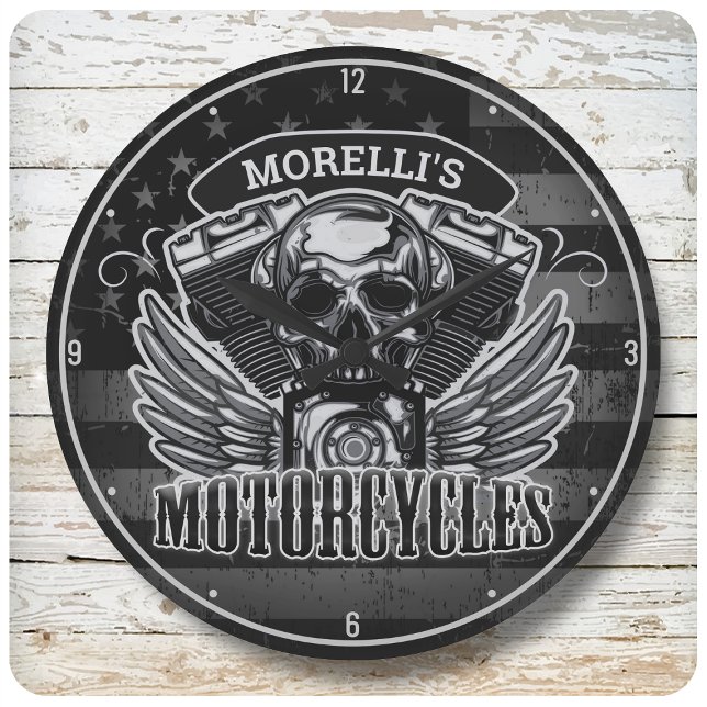 Personalised American Flag Biker Skull Motorcycle Large Clock (Creator Uploaded)