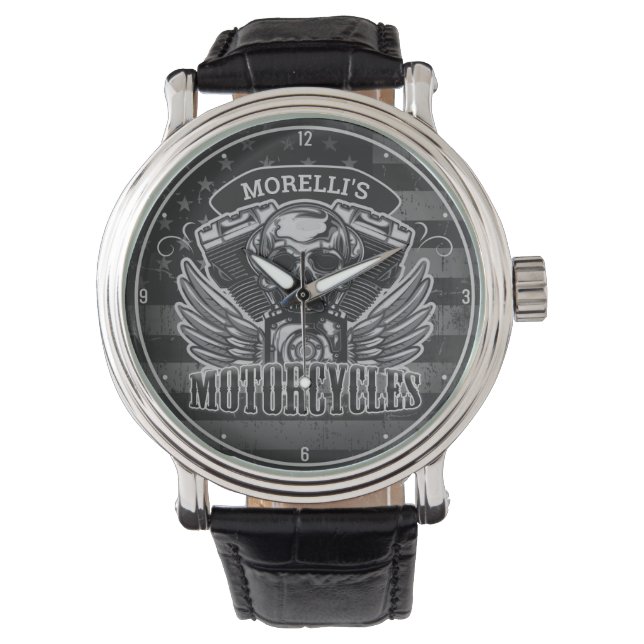 Personalised American Flag Biker Skull Motorcycle Watch (Front)