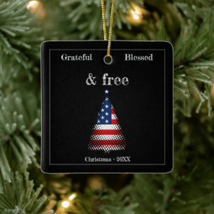 Personalised American Flag Christmas Tree  Ceramic Ornament