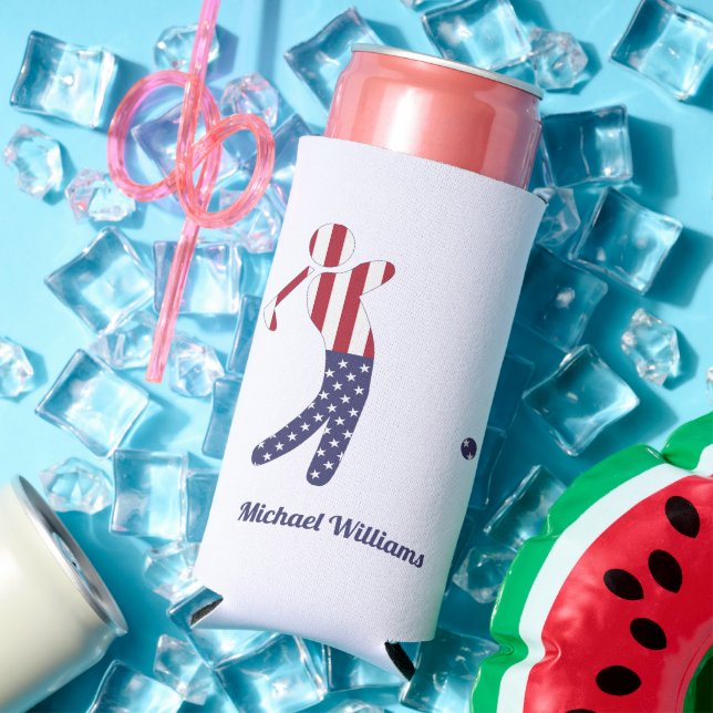 Personalised American Flag Golf Player  Seltzer Can Cooler (In Situ Summer)