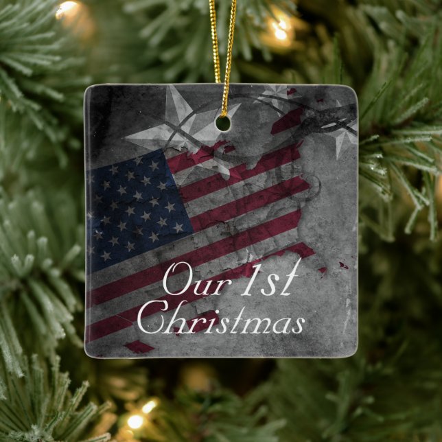 Personalised American Flag Our 1st Christmas Ceramic Ornament (Tree)