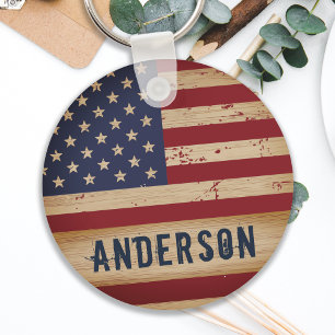 Personalised American Flag Rustic Wood Patriotic Key Ring