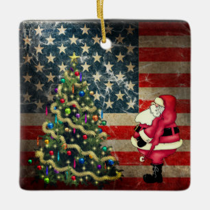 Personalised American Flag, Santa, Christmas Tree Ceramic Ornament