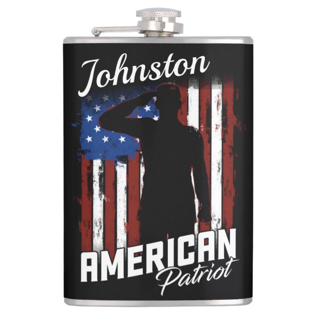 Personalised American Patriot Soldier USA Flag  Hip Flask (Front)