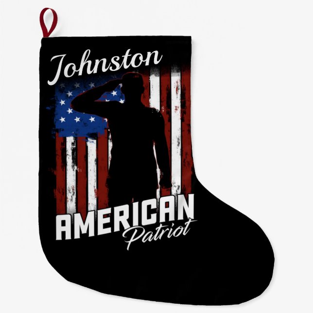 Personalised American Patriot Soldier USA Flag Large Christmas Stocking (Front)