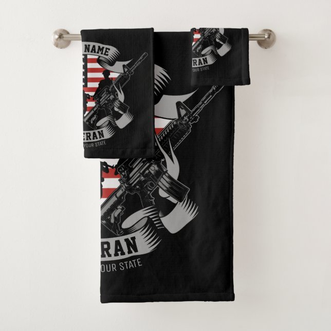 Personalised American Veteran Proud Vet USA Flag Bath Towel Set (Insitu)