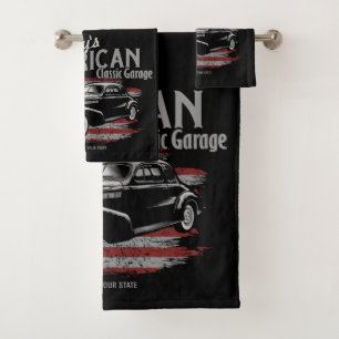 Personalised American Vintage Classic Car Garage  Bath Towel Set