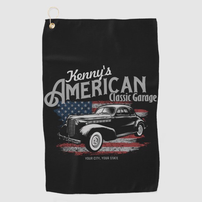 Personalised American Vintage Classic Car Garage  Golf Towel (Front)