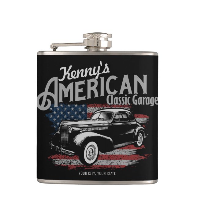 Personalised American Vintage Classic Car Garage Hip Flask (Front)