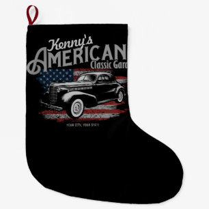 Personalised American Vintage Classic Car Garage   Large Christmas Stocking