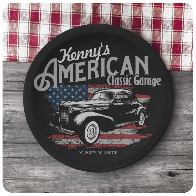 Personalised American Vintage Classic Car Garage  Paper Plate (Creator Uploaded)