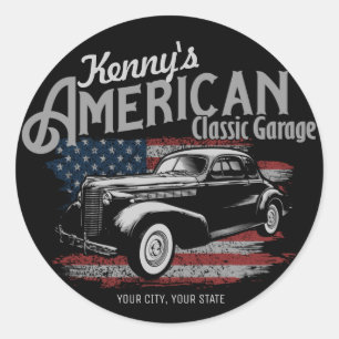 Personalised American Vintage Classic Car Garage  Round Sticker