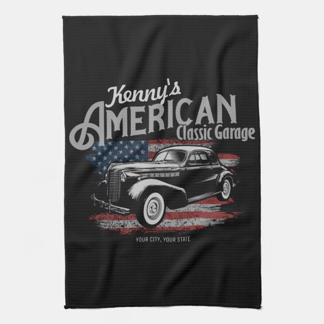 Personalised American Vintage Classic Car Garage   Tea Towel (Vertical)