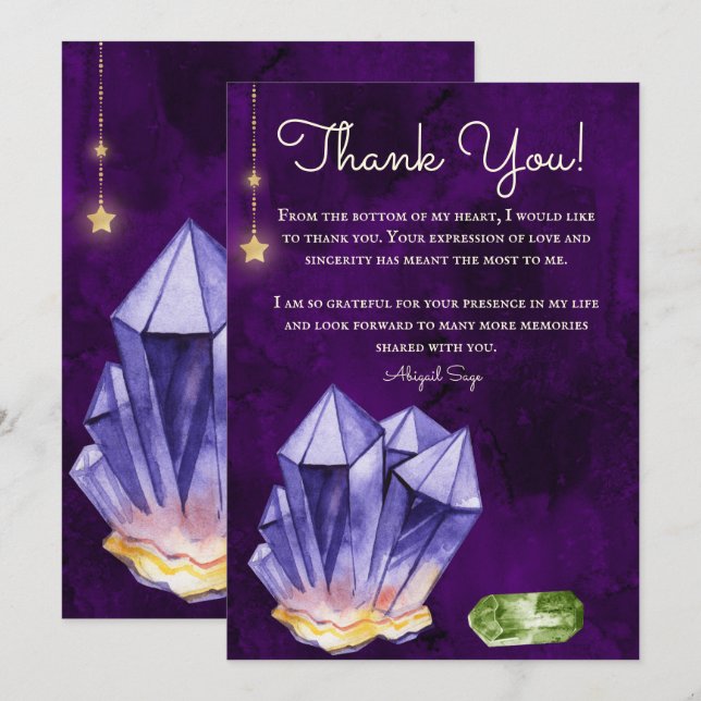 Personalised Amethyst and Beryl Crystals Purple Thank You Card (Front/Back)