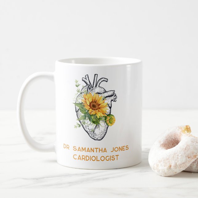 Personalised Anatomical Heart Floral Cardiologist Coffee Mug (With Donut)