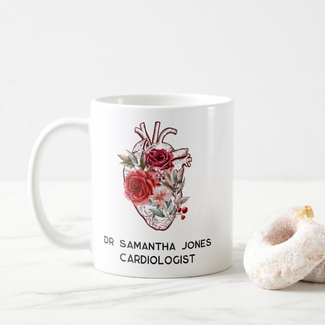 Personalised Anatomical Heart Floral Cardiologist Coffee Mug (With Donut)
