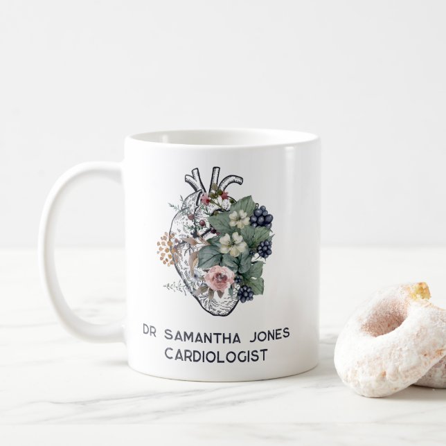 Personalised Anatomical Heart Floral Cardiologist Coffee Mug (With Donut)