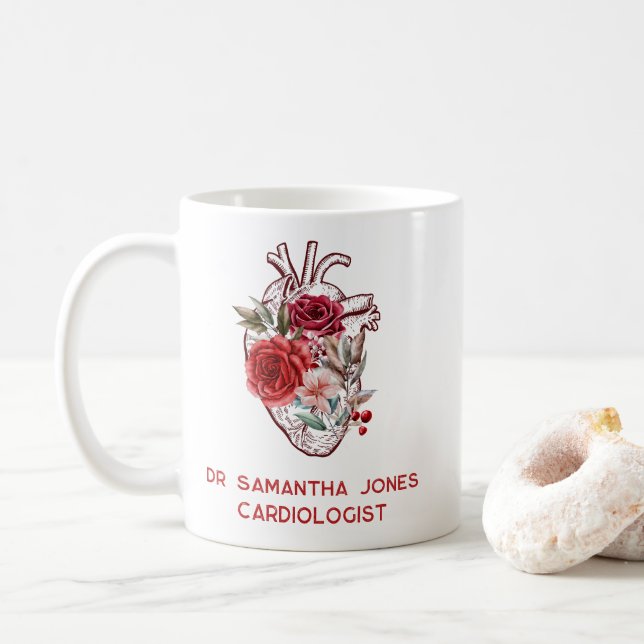 Personalised Anatomical Heart Floral Cardiologist Coffee Mug (With Donut)