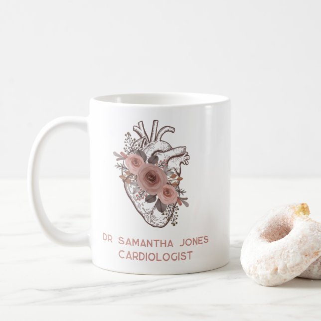 Personalised Anatomical Heart Floral Cardiologist Coffee Mug (With Donut)