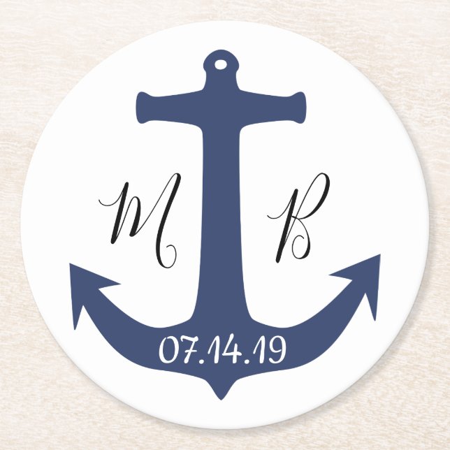 Personalised Anchor Nautical Wedding Round Paper Coaster (Front)