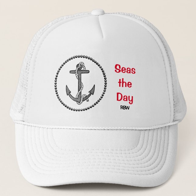 Personalised Anchor "Seas the Day" Trucker Hat (Front)