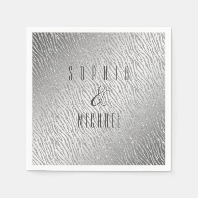 Personalised Animal Print Silver Glitter Glam Napkin (Front)
