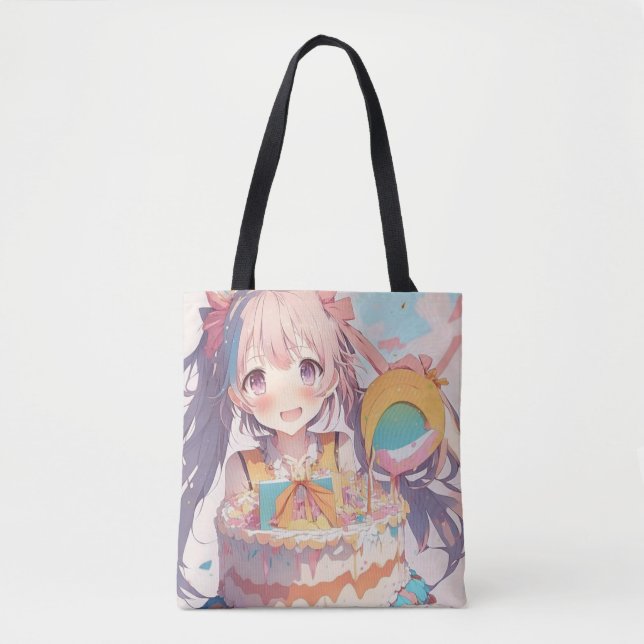 Personalised Anime Birthday Girl Pastel Colours Tote Bag (Front)