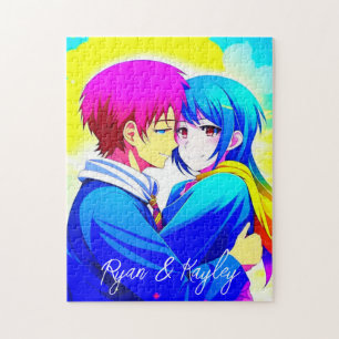 Personalised Anime Couple Hugging Pink and Blue Jigsaw Puzzle