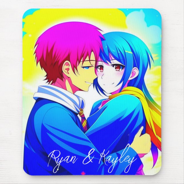 Personalised Anime Couple Hugging Pink and Blue Mouse Mat (Front)