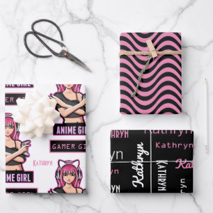 Personalised Anime Gamer Girl Wrapping Paper Sheet