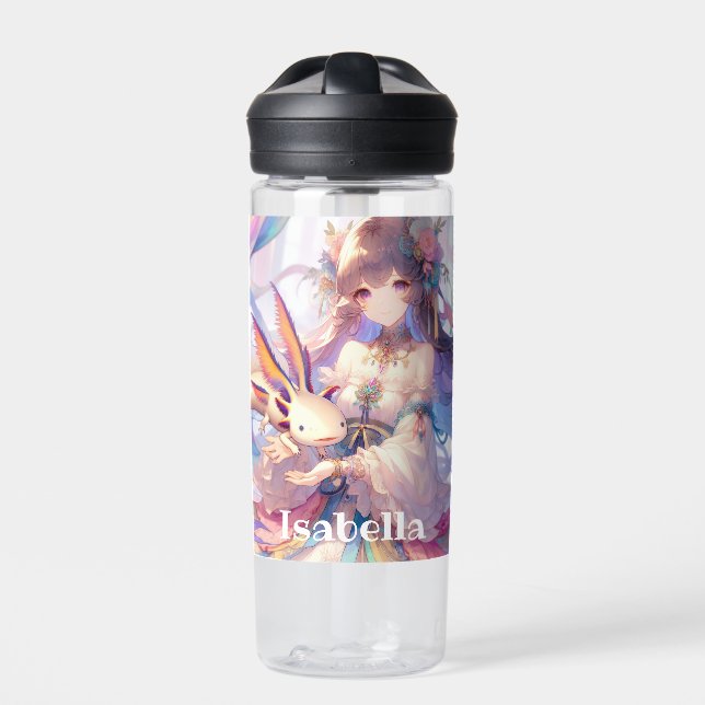 Personalised Anime Girl and Axolotl Water Bottle (Front)