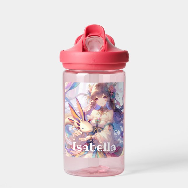 Personalised Anime Girl and Axolotl Water Bottle (Front)