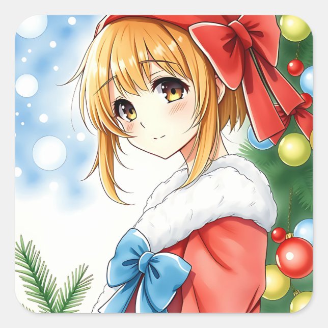 Personalised Anime Girl Christmas Square Sticker (Front)