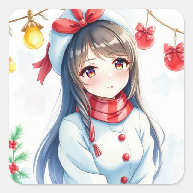 Personalised Anime Girl Christmas Square Sticker (Front)