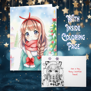 Personalised Anime Girl Colouring Page Christmas Card