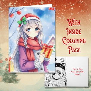 Personalised Anime Girl Colouring Page Christmas Card