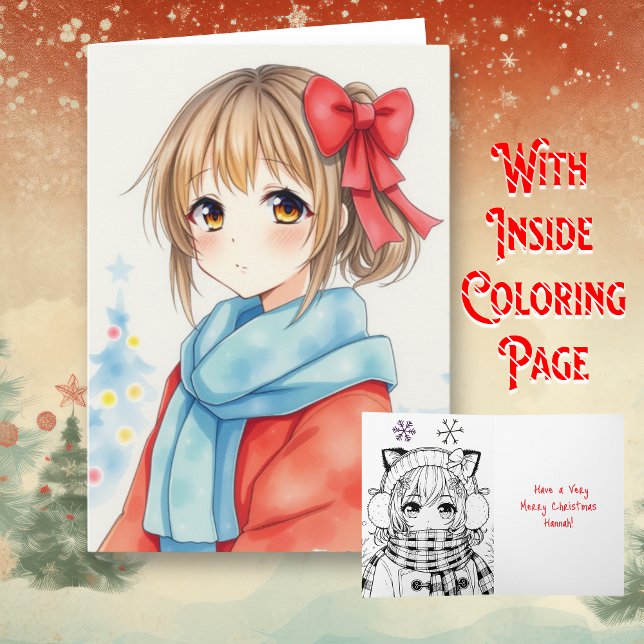 Personalised Anime Girl Colouring Page Christmas Card (Creator Uploaded)