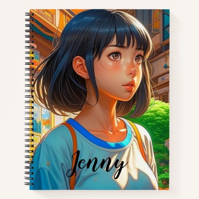 Personalised Anime Girl in the City Colourful Arts Notebook (Front)