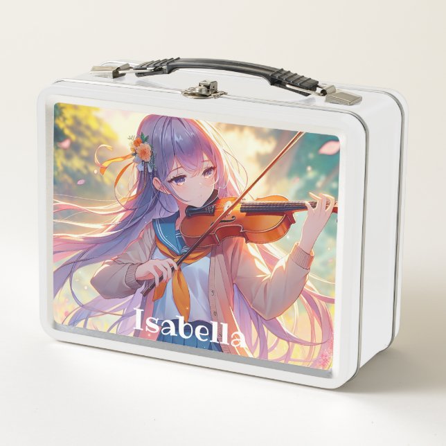 Personalised Anime Girl Playing the Violin Metal Lunch Box (Front)