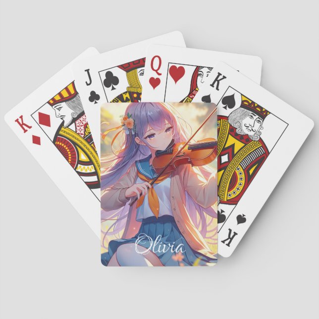 Personalised Anime Girl Playing the Violin Playing Cards (Back)
