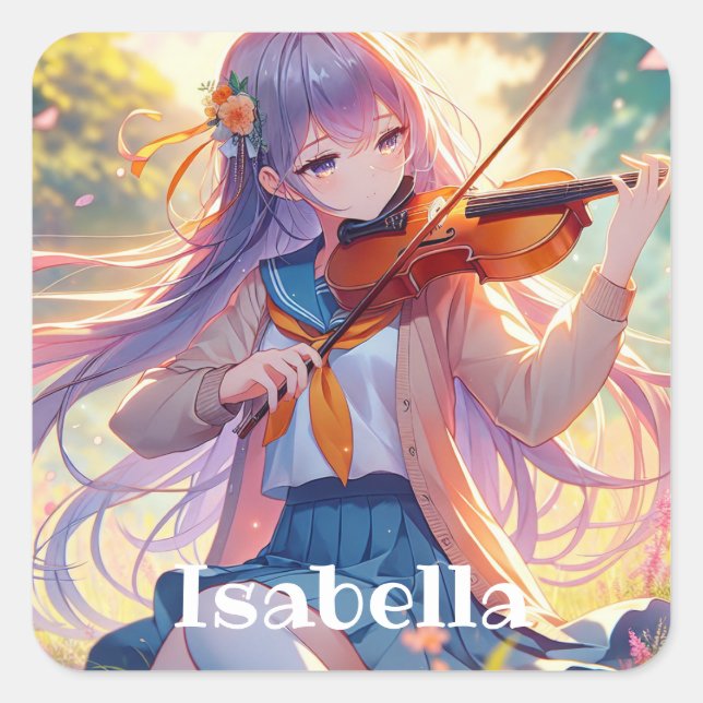 Personalised Anime Girl Playing the Violin Square Sticker (Front)