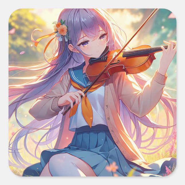 Personalised Anime Girl Playing the Violin Square Sticker (Front)