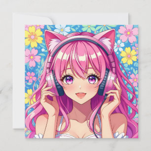 Personalised Anime Girl with Headphones Birthday Card
