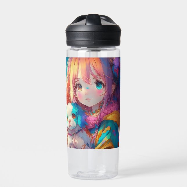 Personalised Anime Girl with Puppy Water Bottle (Front)