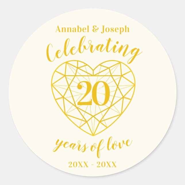 Personalised anniversary 20 years golden diamond classic round sticker (Front)