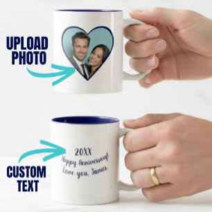Personalised Anniversary Custom Photo Heart Blue Two-Tone Coffee Mug