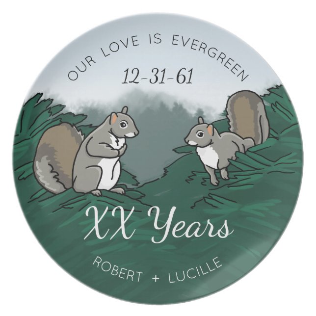 Personalised Anniversary Evergreen Love Squirrels Plate (Front)