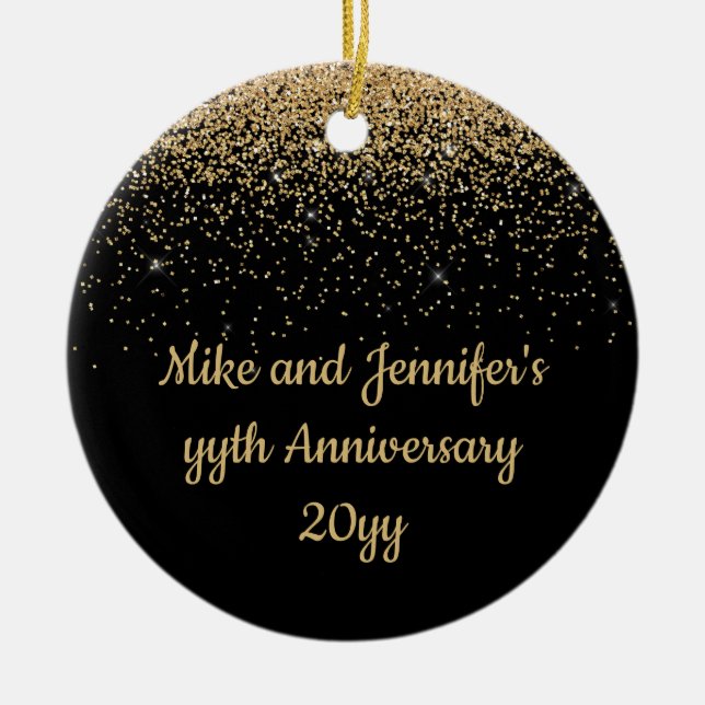 Personalised Anniversary Gift Black Gold Present Ceramic Tree Decoration (Front)